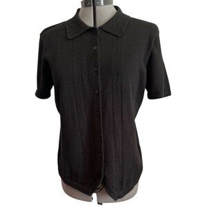 Sag Harbor Black Button-Up Short Sleeve Sweater Blouse Size Small Office